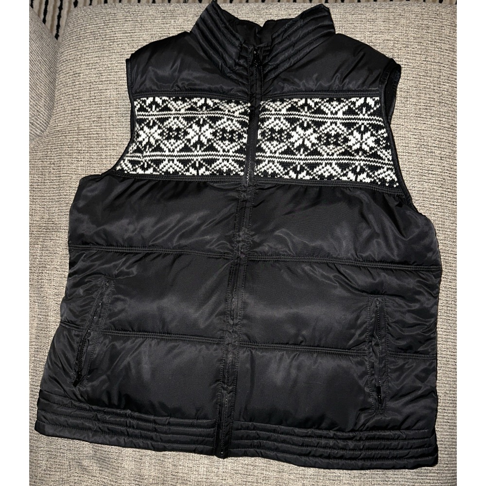 Old Navy Black Puffer Vest W/ Ski Design Knit Front Women's Small Cozy